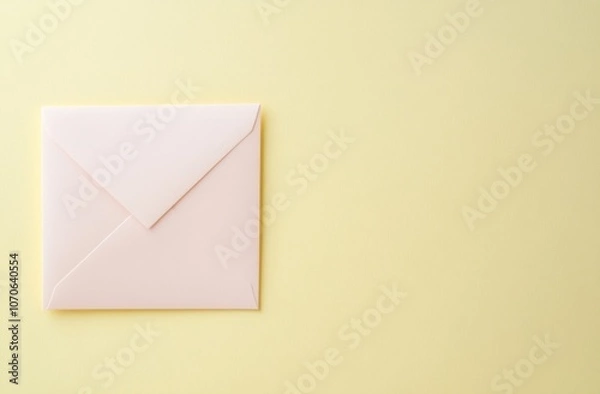 Obraz Blank White Envelope and Pink Card on Light Yellow Background, Flat Lay Composition with Copy Space