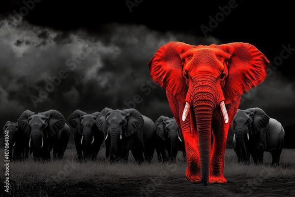 Fototapeta Red elephant is standing in front of a group of elephants. The elephants are all black. The red elephant is the center of attention.