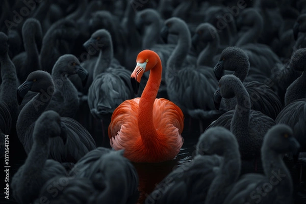 Fototapeta Group of flamingos with one standing out