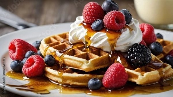 Fototapeta A delicious plate of waffles topped with cream, berries, and syrup, perfect for breakfast.