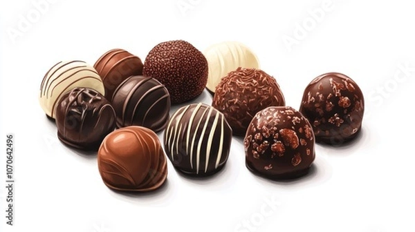 Fototapeta A selection of assorted chocolates with various toppings and decorations, including white, milk, and dark chocolate varieties, isolated on a white background.