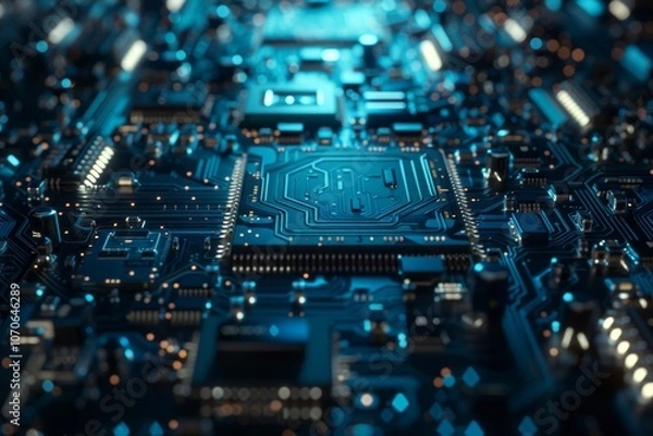 Fototapeta Close-up of a CPU and microchip, showcasing hardware and technology, featuring coding, data science, programming, and cybersecurity concepts in a night setting