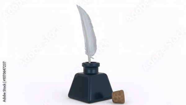 Obraz ink bottle with feather and cork with white background