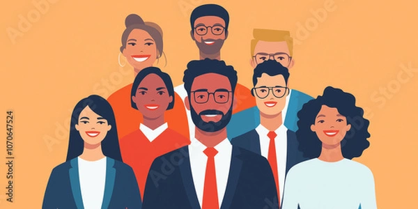 Fototapeta Unity Illustration: Diverse group standing behind leader, powerful symbolism.
