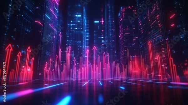 Fototapeta Digital image of red and blue waves with neon upward arrows, highlighting positive market trends on a dark financial graph.