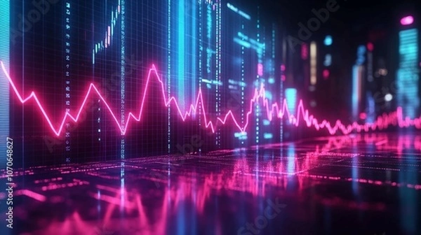 Fototapeta Red and blue wave digital background with neon upward arrows, illustrating economic growth against a dark financial graph backdrop.