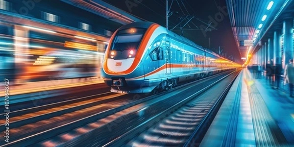 Fototapeta Night passenger train at a railway station for commercial transit. Advanced technology for fast, modern transportation in the economy and professional commuting sector