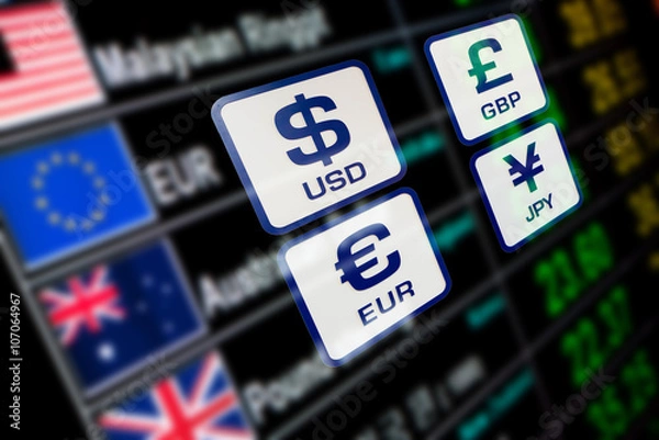 Fototapeta currency icons signs exchange rate on digital display board