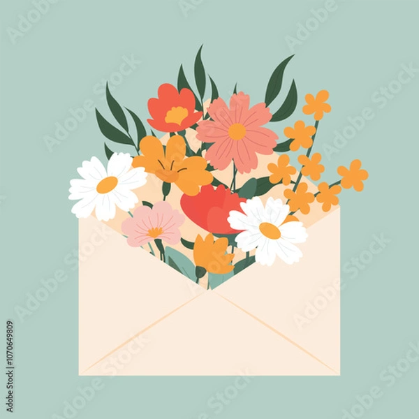 Fototapeta Cute flowers in an envelope. Floral mail. Bouquet of spring flowers inside the envelope and other decor elements. Flat design. Vector illustration