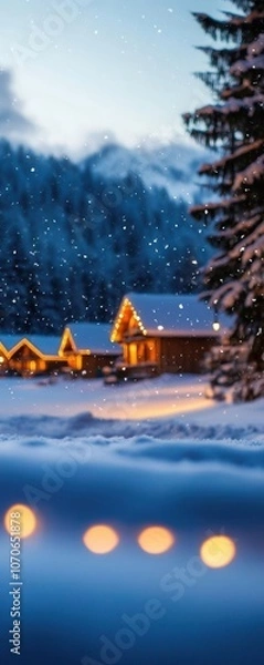 Fototapeta The Christmas village in vintage style, snowcovered houses and trees, glowing lights, soft evening snowfall, serene winter landscape, warm and inviting holiday feel, wideangle shot