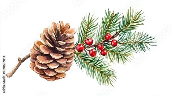 Fototapeta Watercolor Branch of Pine with Red Berries and Pinecones on White Background