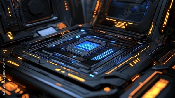 Fototapeta A futuristic, illuminated circuit board design with blue and orange accents.