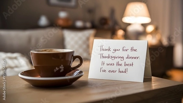 Fototapeta Warm coffee and thank-you card in cozy living room with soft lighting