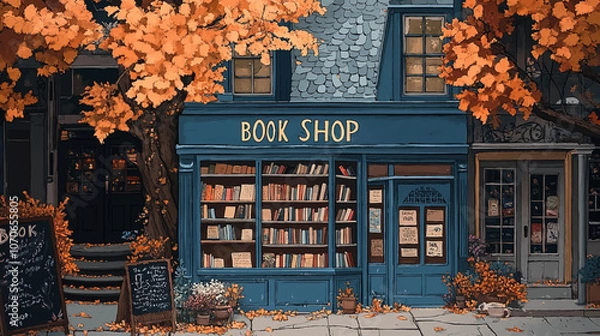 Fototapeta Autumn Festival, a bookstore with on the front, from a painting by person, in the style of folk art inspired illustrations, bold patterned quilts, pastel colors, bloom core, mixes painting and ceramic