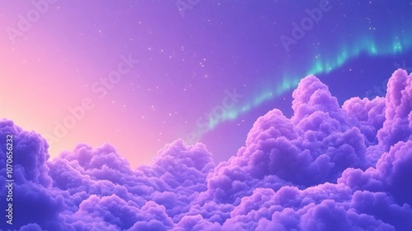 Fototapeta A dreamy sky filled with purple clouds and shimmering stars, showcasing a magical sunset atmosphere.