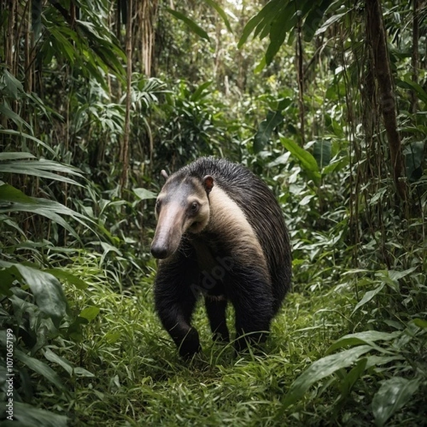 Obraz A giant anteater moving through dense jungle greenery.

