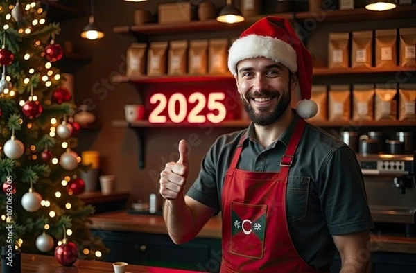 Fototapeta New Year's cafe, barista, a man in a Santa hat, stands behind the bar, smiling, behind him is a Christmas tree, shelves with bags of coffee and the numbers 2025