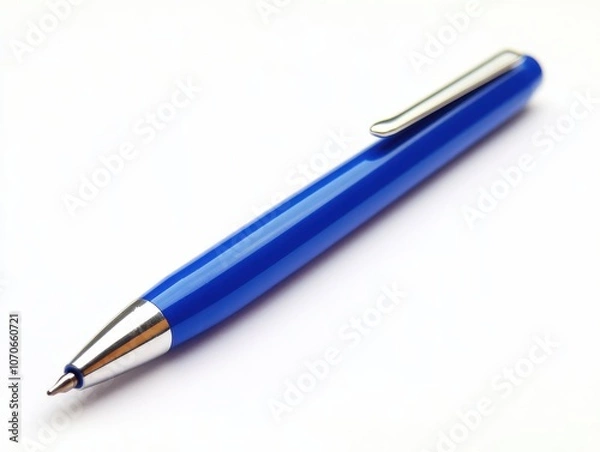 Fototapeta A simple blue pen sits on a white background, ready for use.
