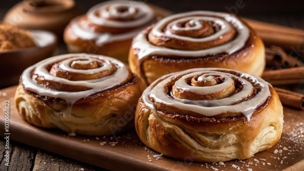 Fototapeta Delicious cinnamon rolls drizzled with icing, perfect for a sweet treat or breakfast.