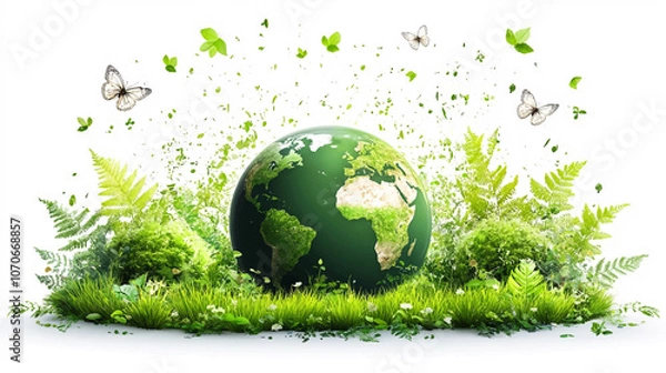 Fototapeta Ecology concept Green planet earth with tress world environment and earth day, Sustainable green Eco friendly creative idea concept design, isolated on white background.