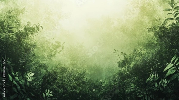 Fototapeta Lush green foliage enveloped in mist, creating a serene, tranquil atmosphere in a forest setting.