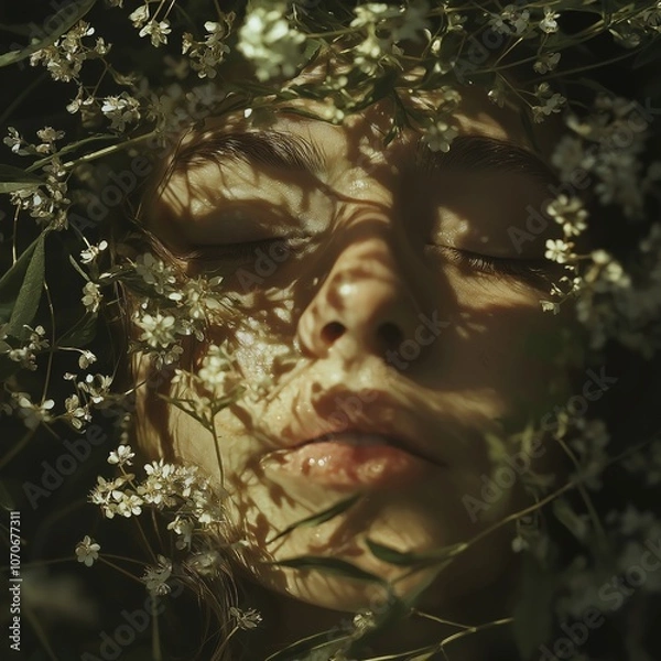 Obraz A peaceful face immersed in delicate flowers and dappled sunlight, showing tranquility.