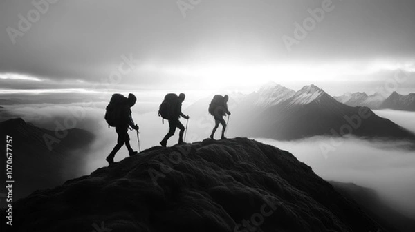 Obraz In the fading light of a cloudy sunset three hikers carry heavy packs as they traverse a rugged mountain ridge surrounded by misty valleys and snow-capped peaks