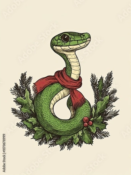 Obraz This cute cartoon-style green snake dressed in a red scarf playfully pops out of a lush Christmas wreath. It brings a joyful and humorous touch to holiday decorations