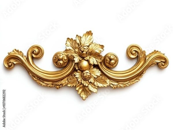 Fototapeta Intricate golden ornament with swirling details and floral motifs, isolated against a white background.