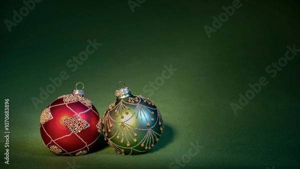 Obraz Eine Rote und eine Grüne Weihnachtskugel vor einem grünen Hintergrund