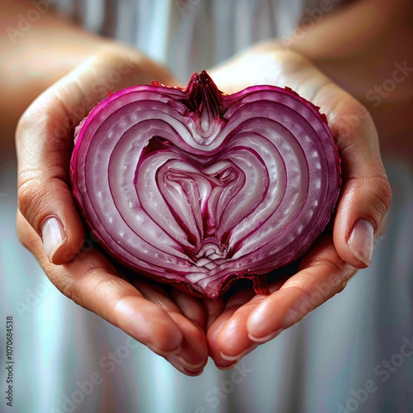 Obraz Women's hands holding a sliced red onion shaped like a heart