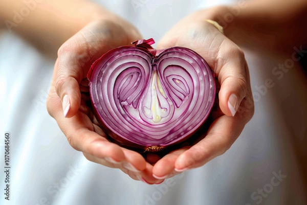 Obraz Women's hands holding a sliced red onion shaped like a heart