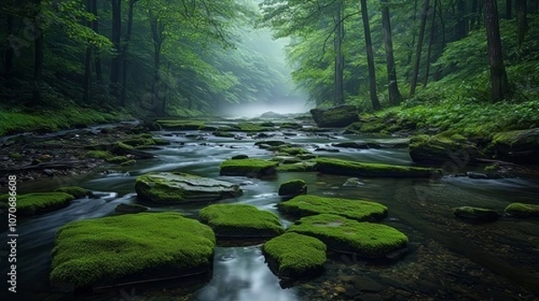 Fototapeta Tranquil stream flowing through a lush green forest.