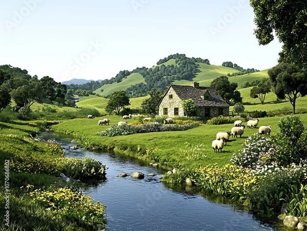 Fototapeta Stone cottage in a green valley with sheep and a stream.