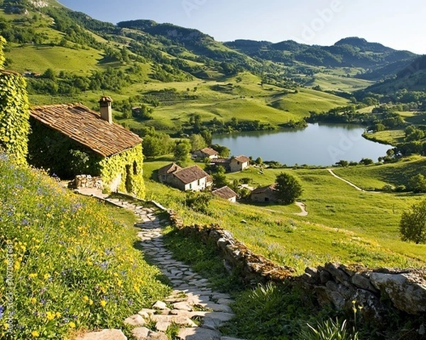 Fototapeta Stone path leads to idyllic village with lake in valley.
