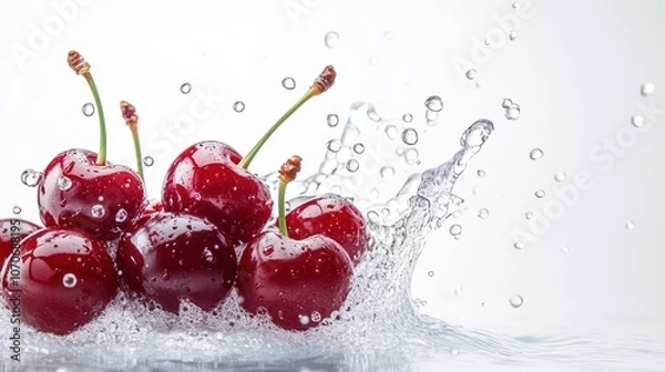 Fototapeta Fresh red cherries splashing into water, creating a vibrant and refreshing scene.