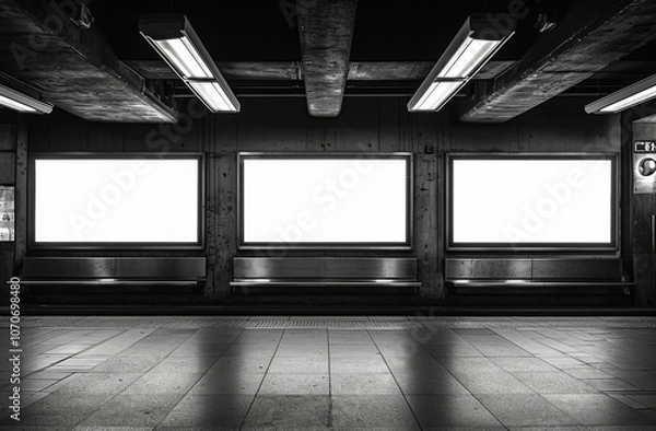 Fototapeta three horizontal display screens are placed on a dark room with wall space, in the style of monochromatic compositions, advertisement inspired, light white