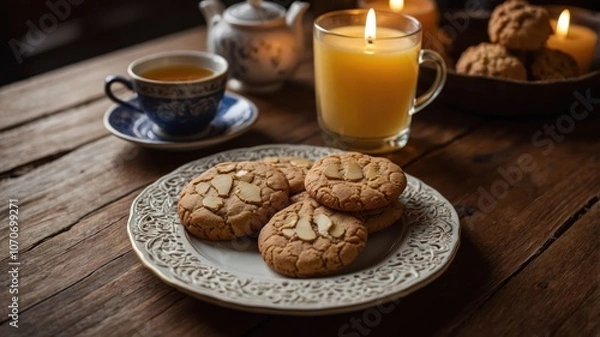 Fototapeta A cozy setting featuring cookies, tea, and candles on a rustic wooden table.