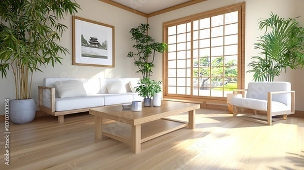 Obraz A bright, modern living room featuring wooden accents, large windows, plants, and minimalist furniture creating a serene atmosphere.