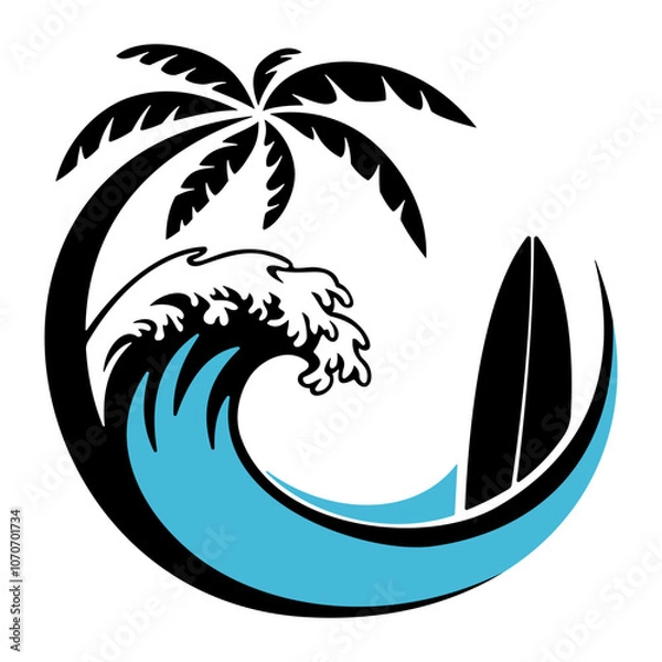 Fototapeta Circle palm tree with beach wave inside Vintage surf design template for surf club.