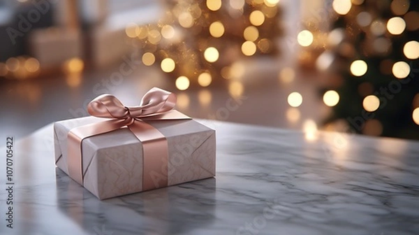 Fototapeta A light marble table featuring a small, elegantly wrapped gift box with a satin ribbon, background softly blurred with golden holiday decorations and glowing Christmas lights,
