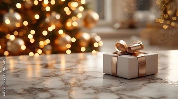Fototapeta A light marble table featuring a small, elegantly wrapped gift box with a satin ribbon, background softly blurred with golden holiday decorations and glowing Christmas lights,