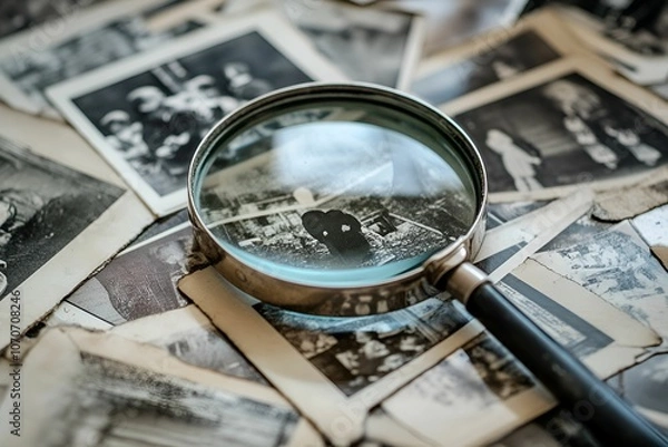 Fototapeta Exploring vintage memories through a magnifying glass surrounded by old photographs