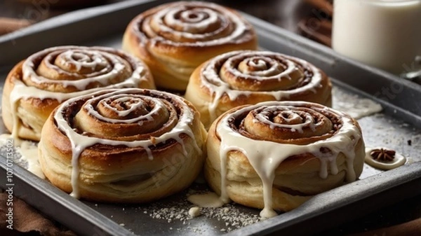Fototapeta Freshly baked cinnamon rolls drizzled with icing on a baking tray.