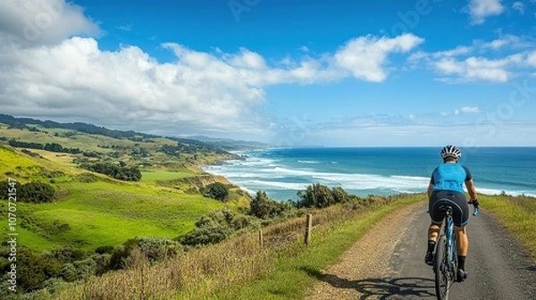 Fototapeta A multi-day cycling adventure tour through a scenic coastal route, with ocean views.