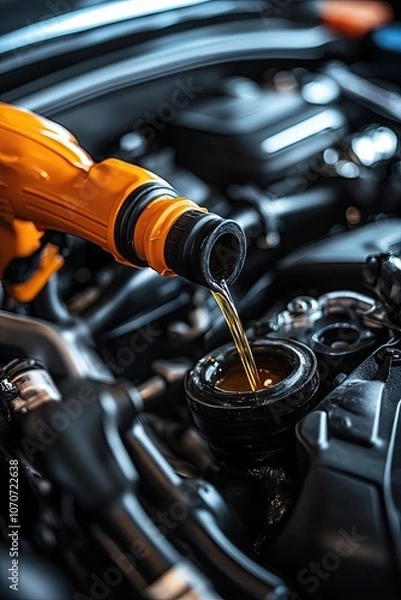 Obraz Refueling and pouring high-quality oil into the car engine. Transmission and maintenance. Energy fuel concept. on an isolated white background