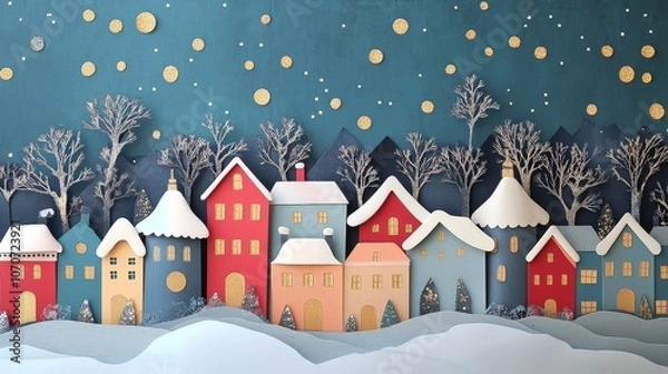 Fototapeta a layered paper cut-out effect showing a winter village scene Use different layers of colored paper to create depth and texture with delicate red and gold details
