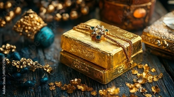 Fototapeta Elegant display of gold bars and jewelry arranged on a wooden surface, showcasing luxury and craftsmanship during a soft-lit setting