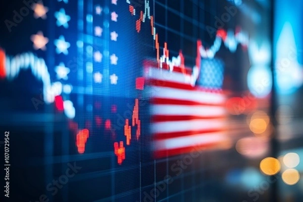 Fototapeta Stock market trends illustrated with American flag motifs in a financial district at night