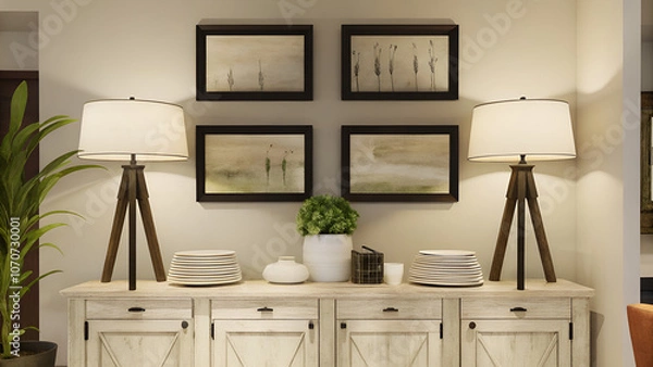 Fototapeta A cozy, modern living room display with lamps, artwork, and decorative plants on a light wood sideboard in a warm ambiance